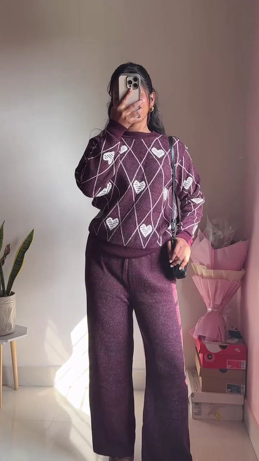 Knitted Sweater & Jogger Co-ord Set Available in Maroon & Brown Variants