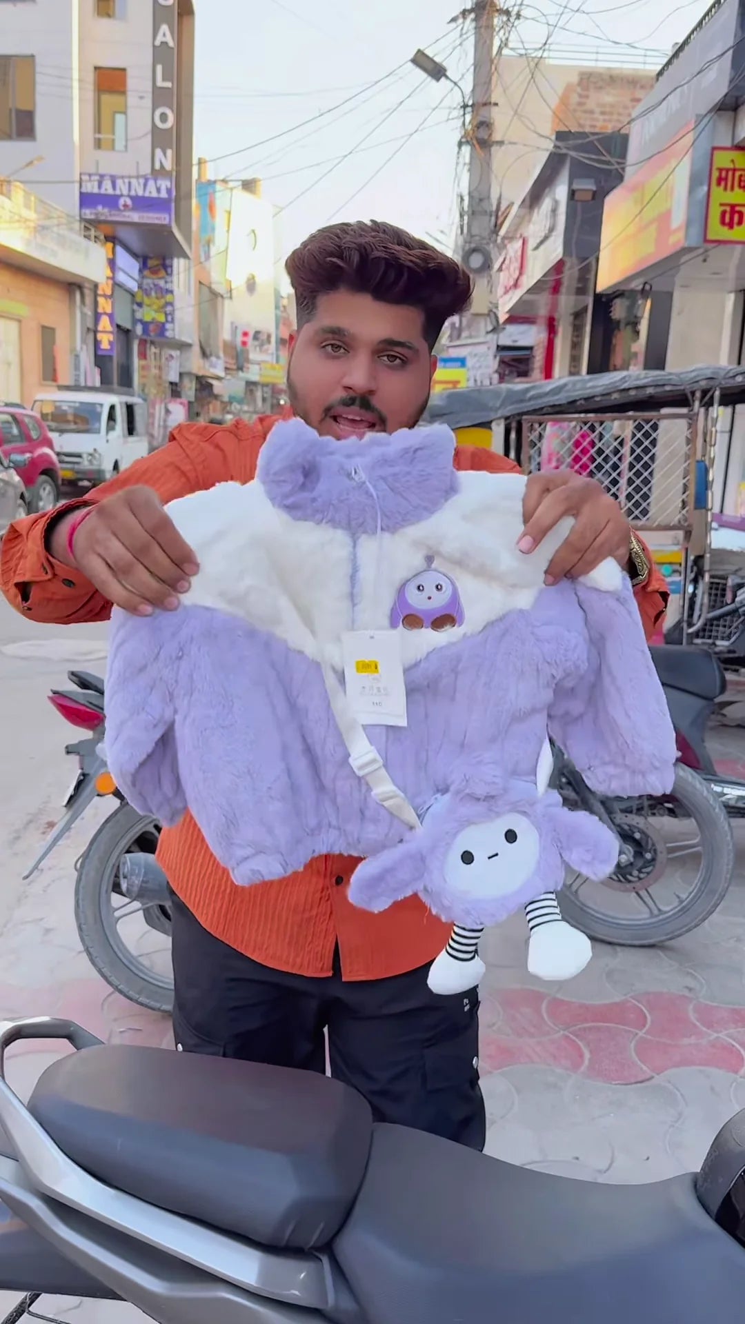 Kids’ Winter Jackets With Plush Texture & Toy Accents – Purple, White & Pink Variants