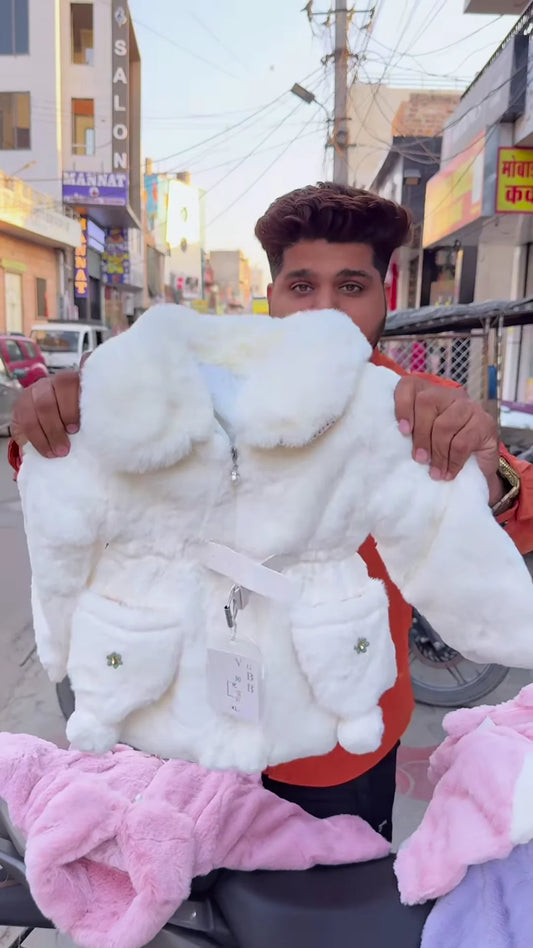 Kids’ Winter Jackets With Plush Texture & Toy Accents – Purple, White & Pink Variants