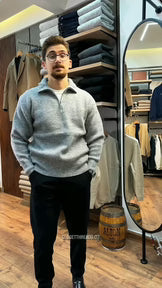 Zip-Up Knit Sweater β Soft Grey Layer with Black Pants Styling in Store Visual