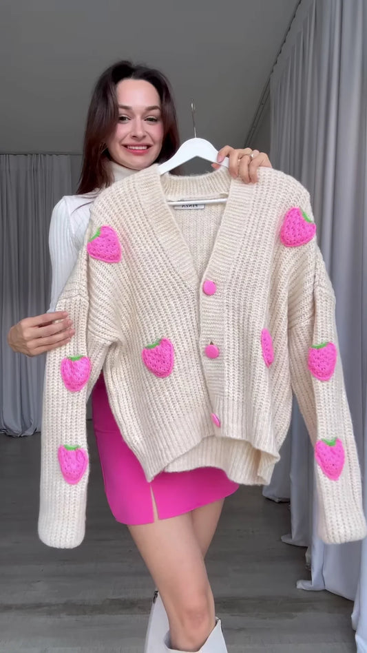 Strawberry-Patch Knit Cardigan ππ§₯ with Pink Buttons β Styled with Turtleneck, Mini Skirt & Boots