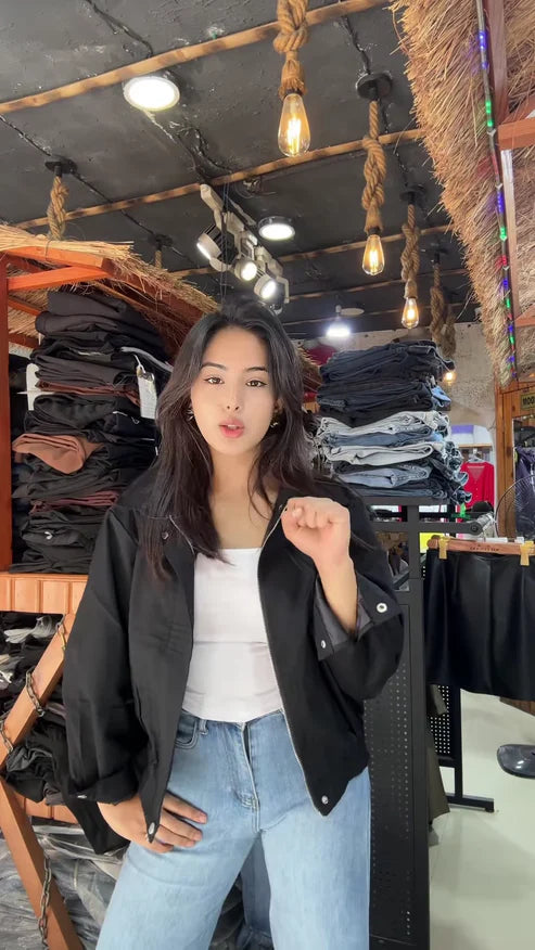 Women’s Zip-Up Casual Jackets Black, Beige & Light Beige Variants Styled in Store Setting