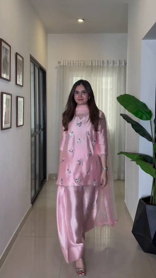 Shimmering Petal Pink: Satin and Floral Embroider Dress