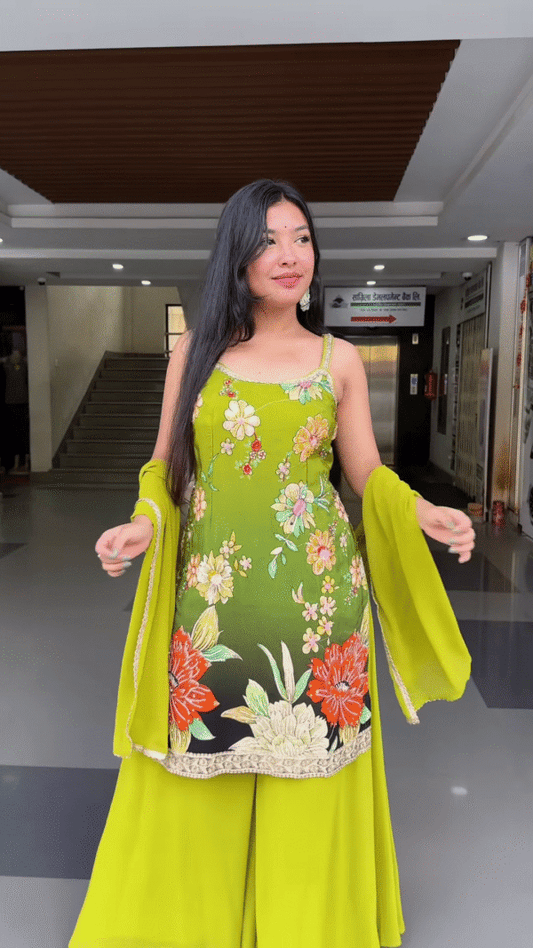 Lime Green Floral Embroidered Suit Set with Dupatta – Vibrant Traditional Ensemble for Women