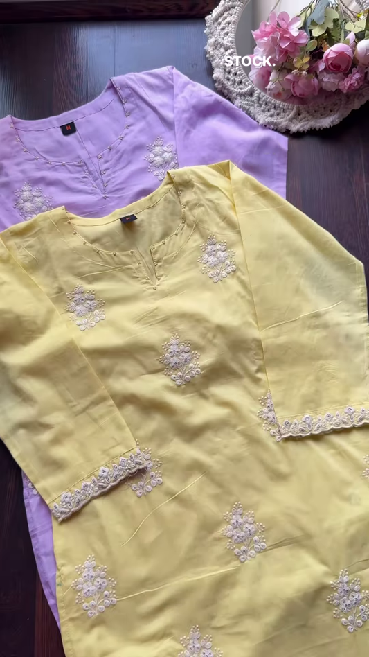 Pastel Embroidered Mulcotton Kurtas – Floral Ethnicwear in Yellow, Lavender & Light Green