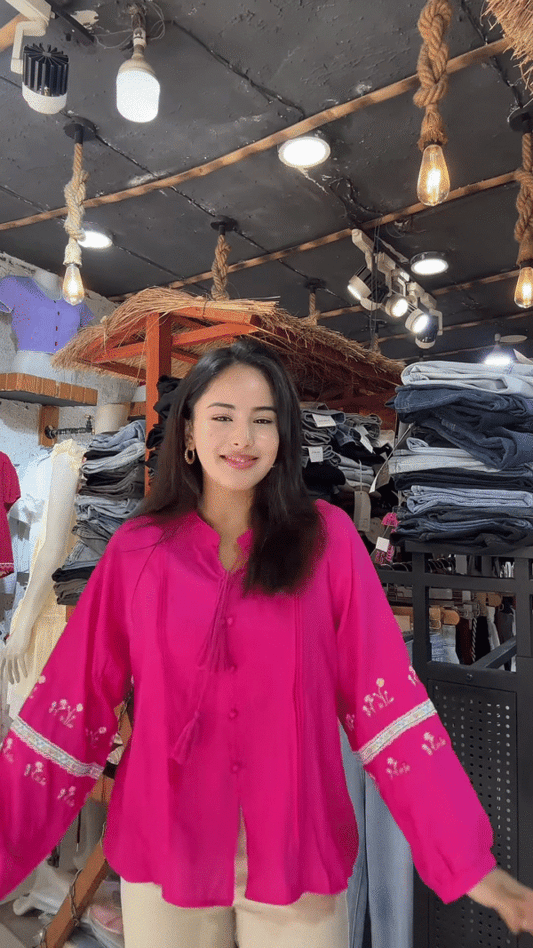 Light Embroidered Blouse with Tassel Sleeves – Casual Chic Top for Women