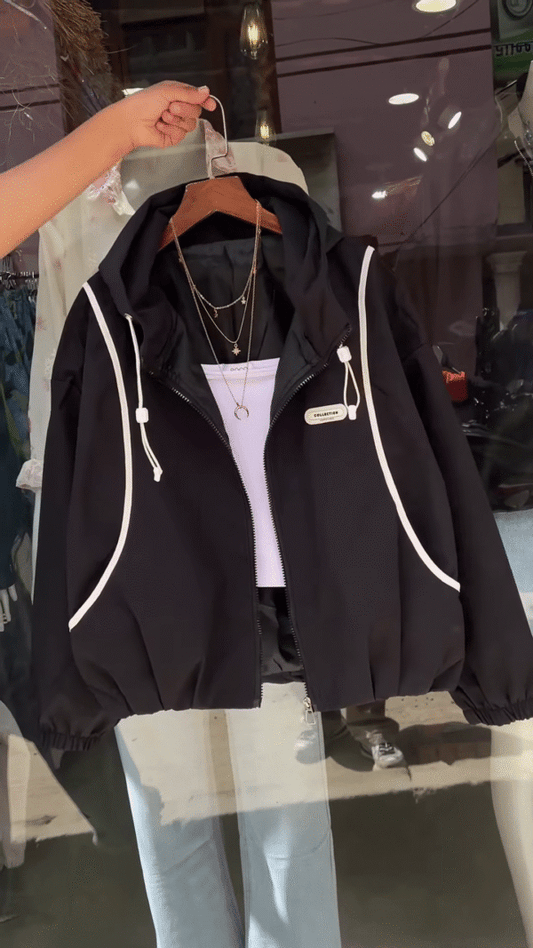 Purple Hooded Jacket with White Trim – Casual Streetwear Layer for Women