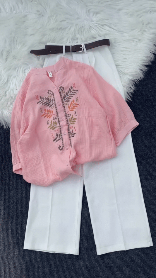 Multicolor Embroidered Shirt Set with Leaf & Geometric Motifs – Casual Ethnic Tops for Women