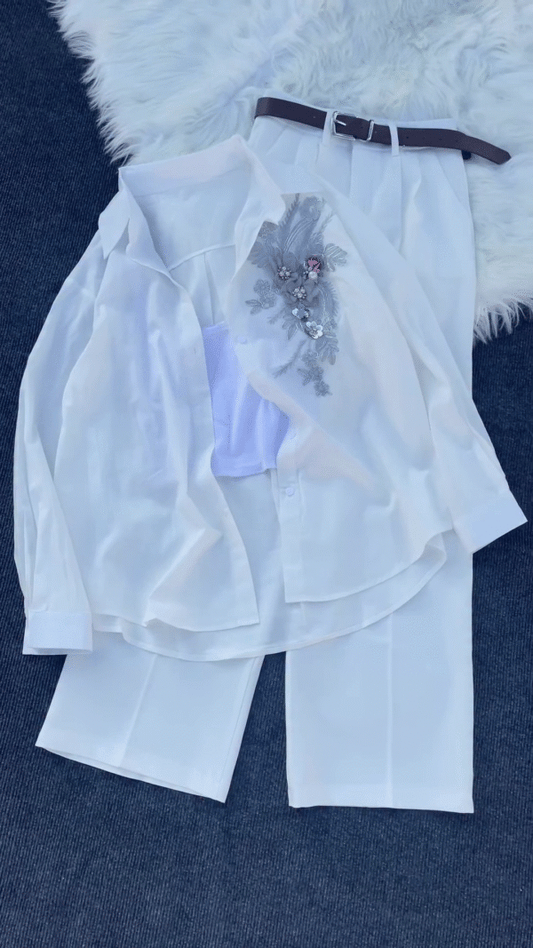 White Floral Embroidered Shirt with Tube Top & Pants – Elegant Layered Casualwear for Women