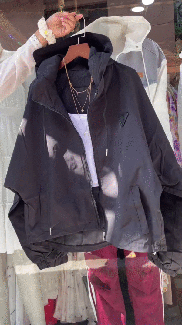 Beige Hooded Jacket with White Tank Top – Layered Casualwear for Women