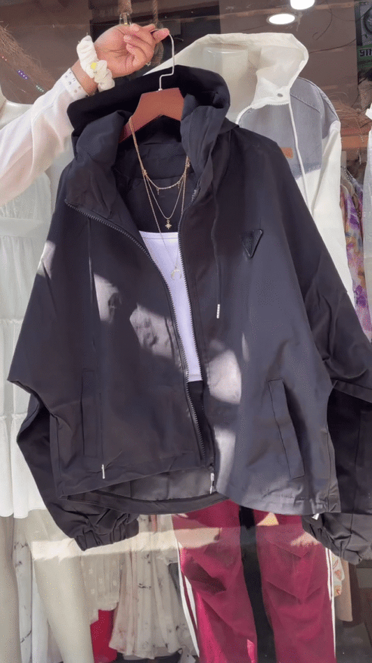 Beige Hooded Jacket with White Tank Top – Layered Casualwear for Women