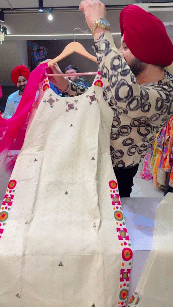 Cream Floral Embroidered Long Dress with Purple Lace Cuffs and Brown Bottoms