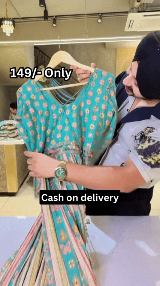 Turquoise Multicolor Printed Ethnic Dress with Embellished Bodice and Striped Lower Panel