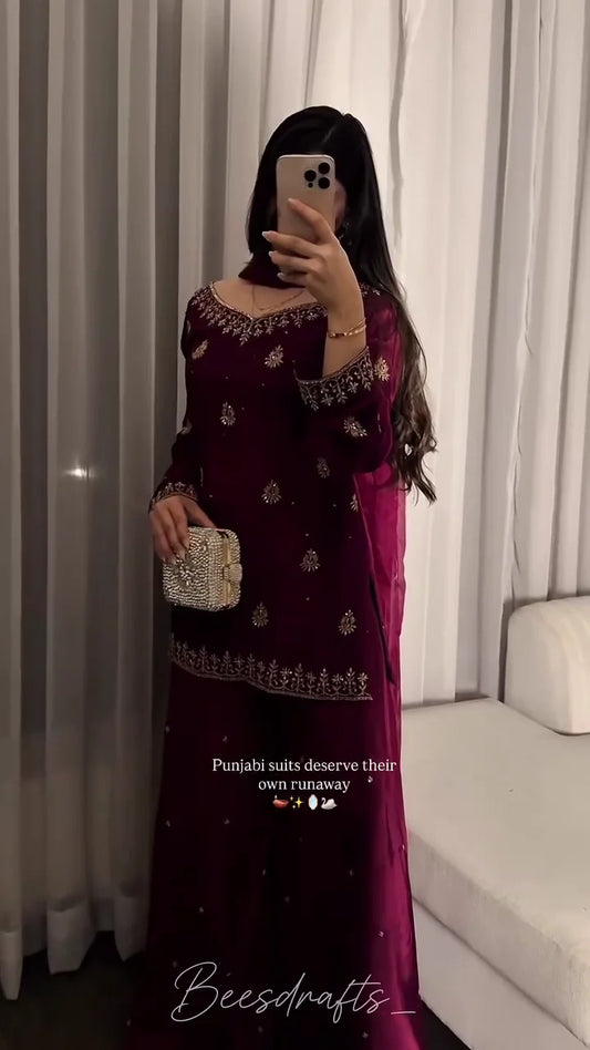 Regal Maroon and Gold: The Lustrous Punjabi Sharara Set