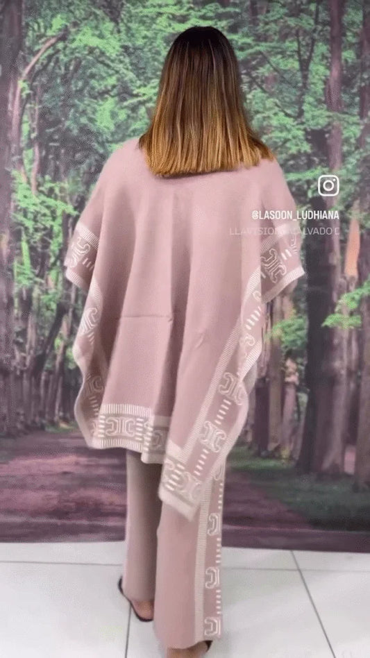 Dusty Rose Knit Poncho and Trouser Set