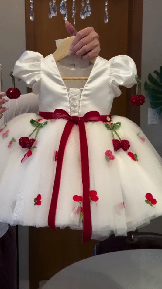 Ruby Red Sparkle: Adorable Cherry Appliqué Gown