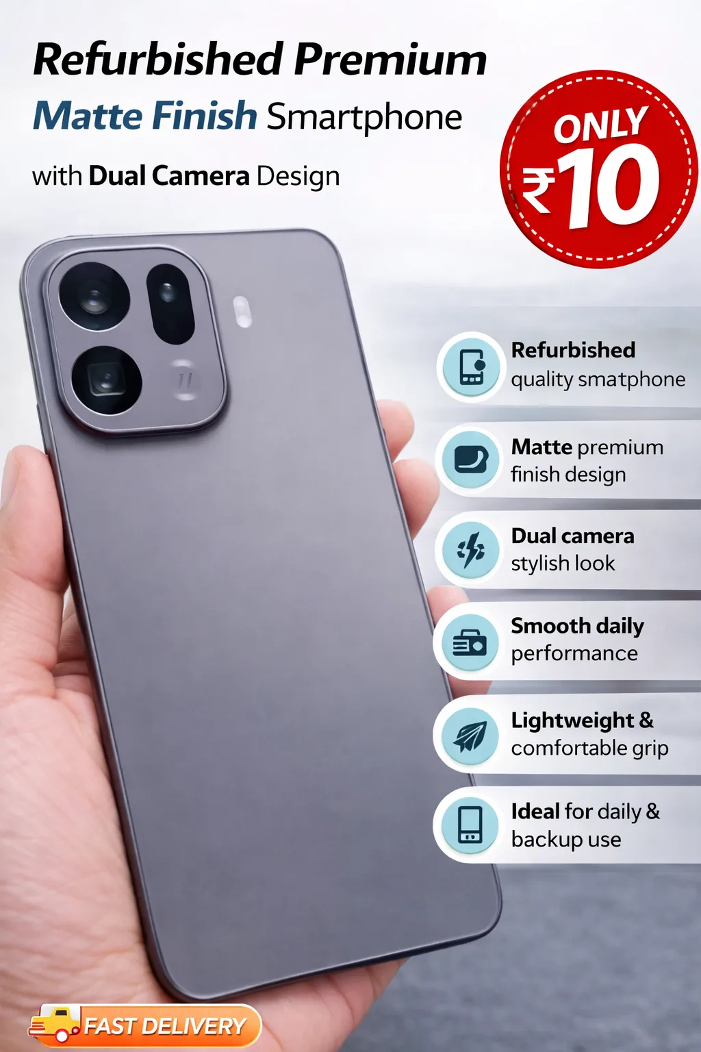 Refurbished Premium Matte Finish Smartphone with Dual Camera Design