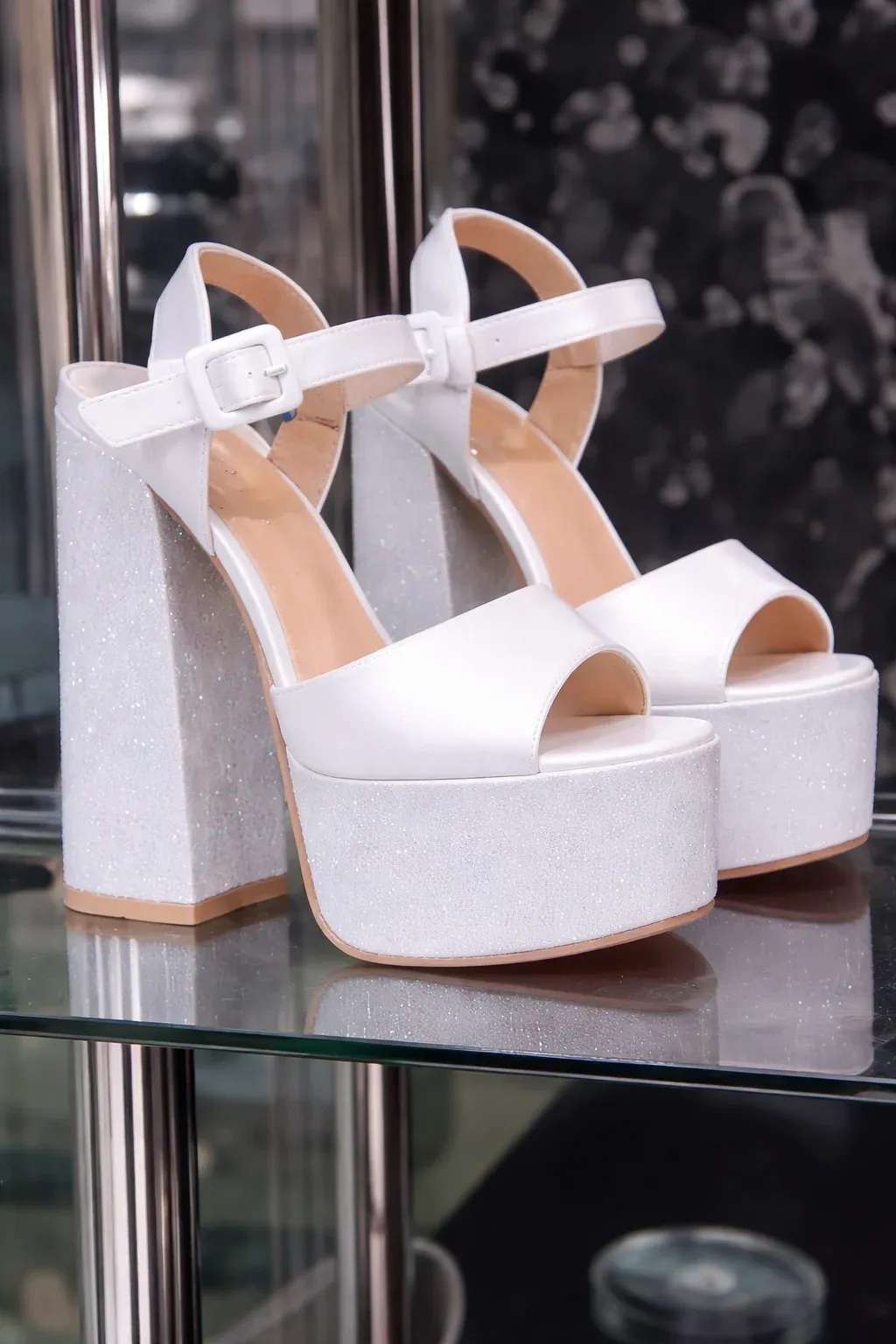Women White Glitter Platform Block Heels Sandals