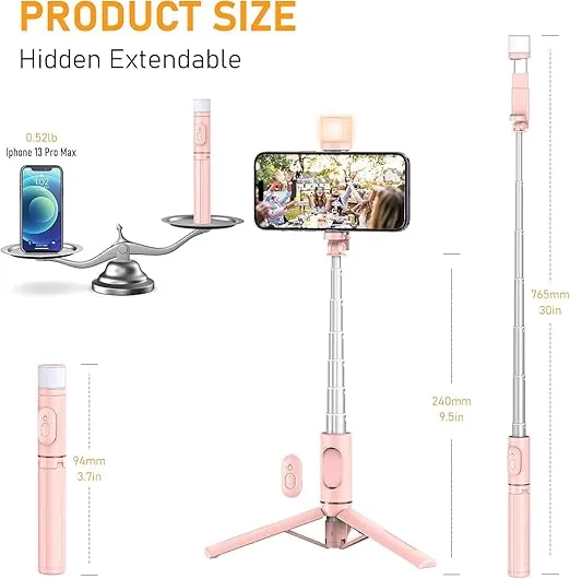 HOLD UP Selfie Stick Tripod with Fill Light,Extendable Selfie Stick 30" & Flexible Phone Tripod Stand with Wireless Remote
