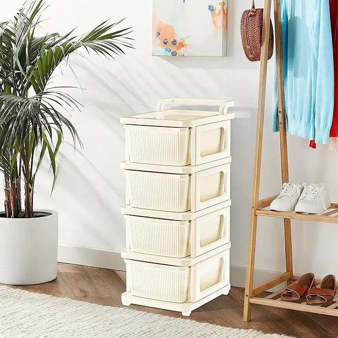 4 Layer Heavy Duty Plastic Storage Drawer with Wheels | Modular Cabinet for Bedroom, Office, Home | Chest of Drawers Organiser for Cosmetics, Kitchen items, Toys Storage