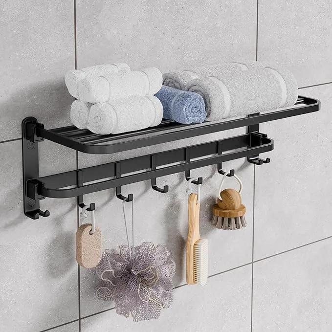 Backline Aluminium Folding Towel Rack with Swivel Towel Rod | Wall Mounted 90° Foldable Towel Holder with 9 Hooks and Hanger | Space Saving Bathroom Accessories
