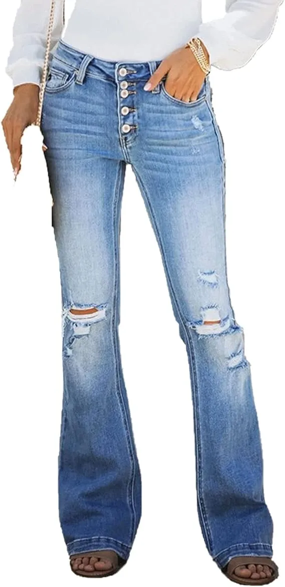 Women’s High-Rise Button Fly Flared Denim Jeans with Distressed Detailing