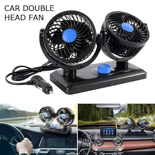 Car Fan 12V 360 Degree Rotatable Dual Head 2 Speed Quiet Strong Dashboard Auto Cooling Air Fan for All Auto Vehicles