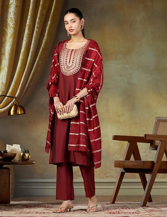 Womens Yoke Design Silk Blend Straight Kurta With Trousers and Dupatta