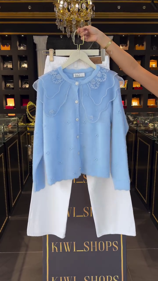 Korean V-Neck Sweater Spring Autumn Three-Dimensional Beading Flower Long Sleeve Coat Women’s Knitted Cardigan