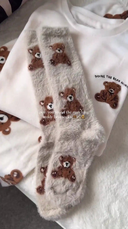 Teddy Bear Print White Lounge Set with Matching Socks
