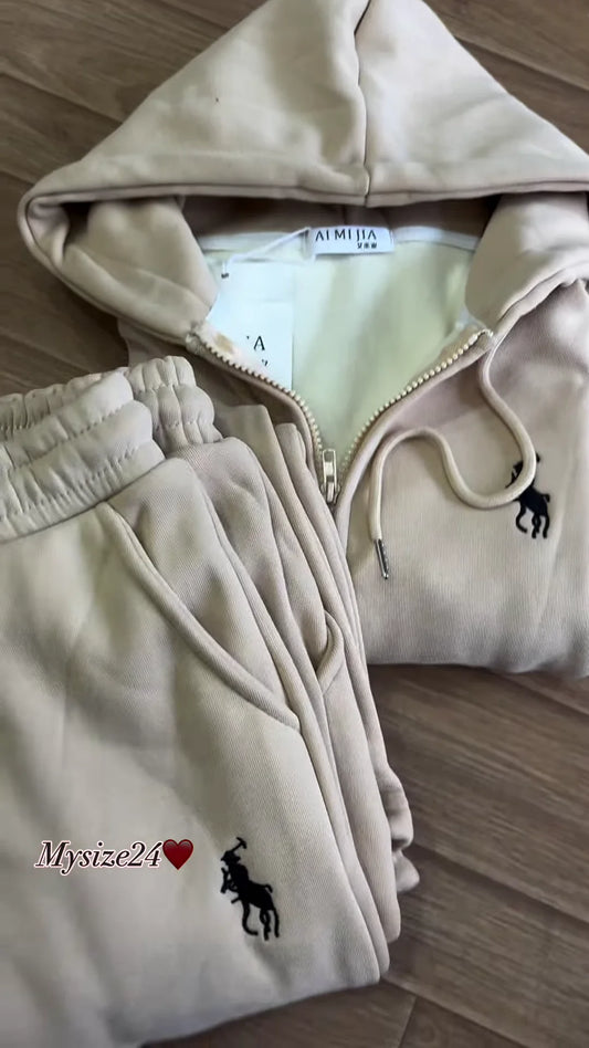 Zip-Up Hoodie & Jogger Co-ord Set Available in Red, Beige & Brown