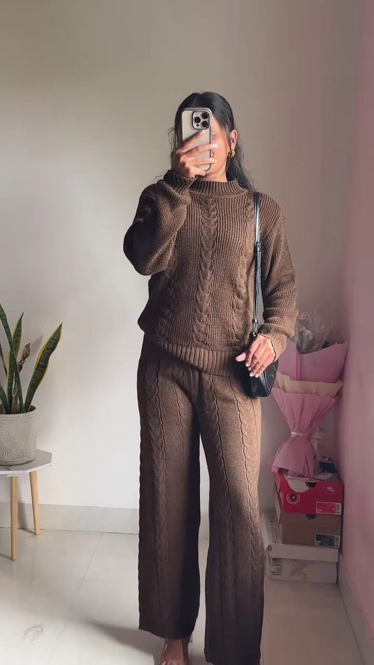 Knitted Sweater & Jogger Co-ord Set Available in Maroon & Brown Variants