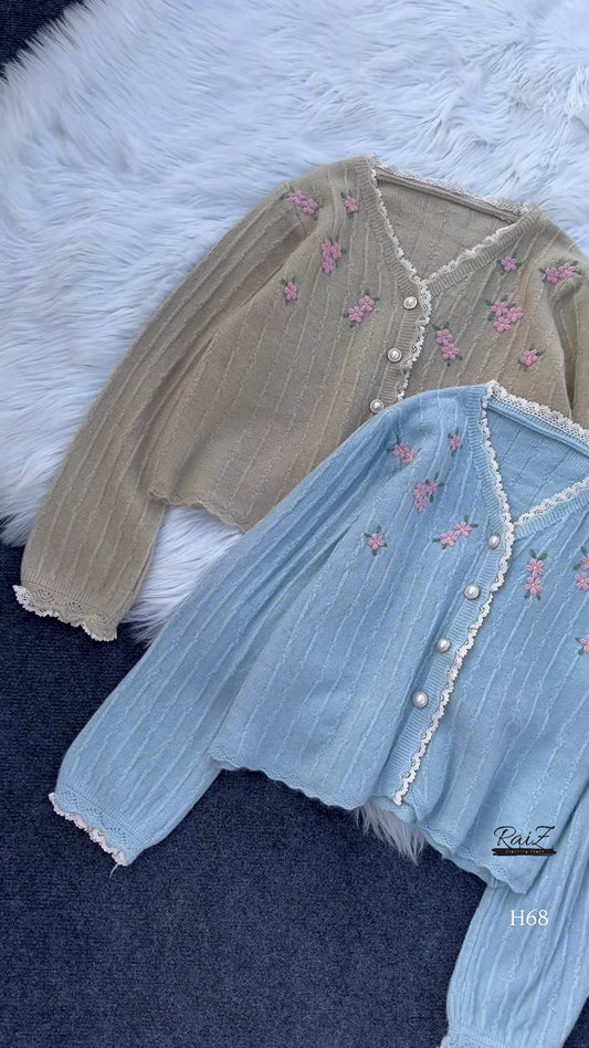 Lace-Trimmed Floral Embroidered Cardigans 🌷 Available in Pink, White & Brown