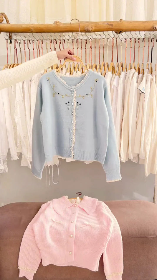 Lace-Trim Floral Embroidered Sweaters & Bow-Collar Buttoned Tops  Available in Blue & Pink