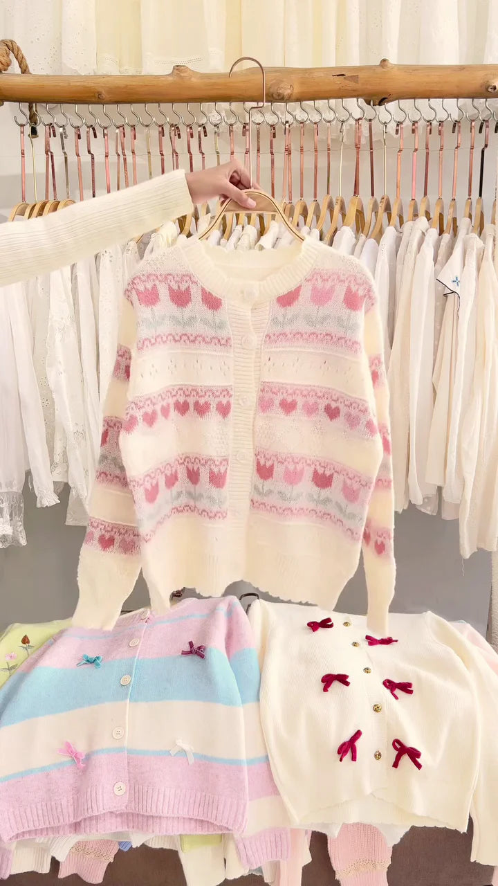 Lace-Trim Floral Embroidered Sweaters & Bow-Collar Buttoned Tops  Available in Blue & Pink