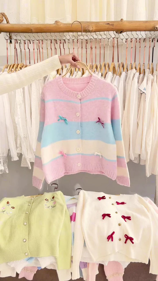 Lace-Trim Floral Embroidered Sweaters & Bow-Collar Buttoned Tops  Available in Blue & Pink