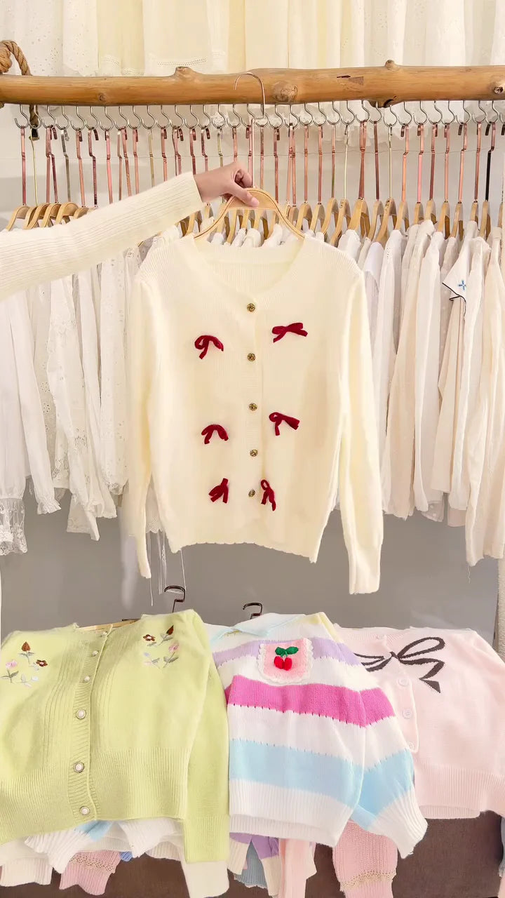 Lace-Trim Floral Embroidered Sweaters & Bow-Collar Buttoned Tops  Available in Blue & Pink