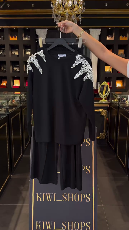 Plus Size Two Piece Outfits for Women Men Short Sleeve T Shirts Rhinestones Drawstring Joggers Pants Going Out