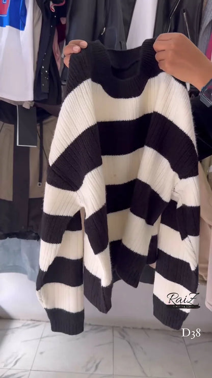Ribbed Stripe Knit Sweaters 🧶 Horizontal Pattern – Black, Brown, Gray & Pink Variants