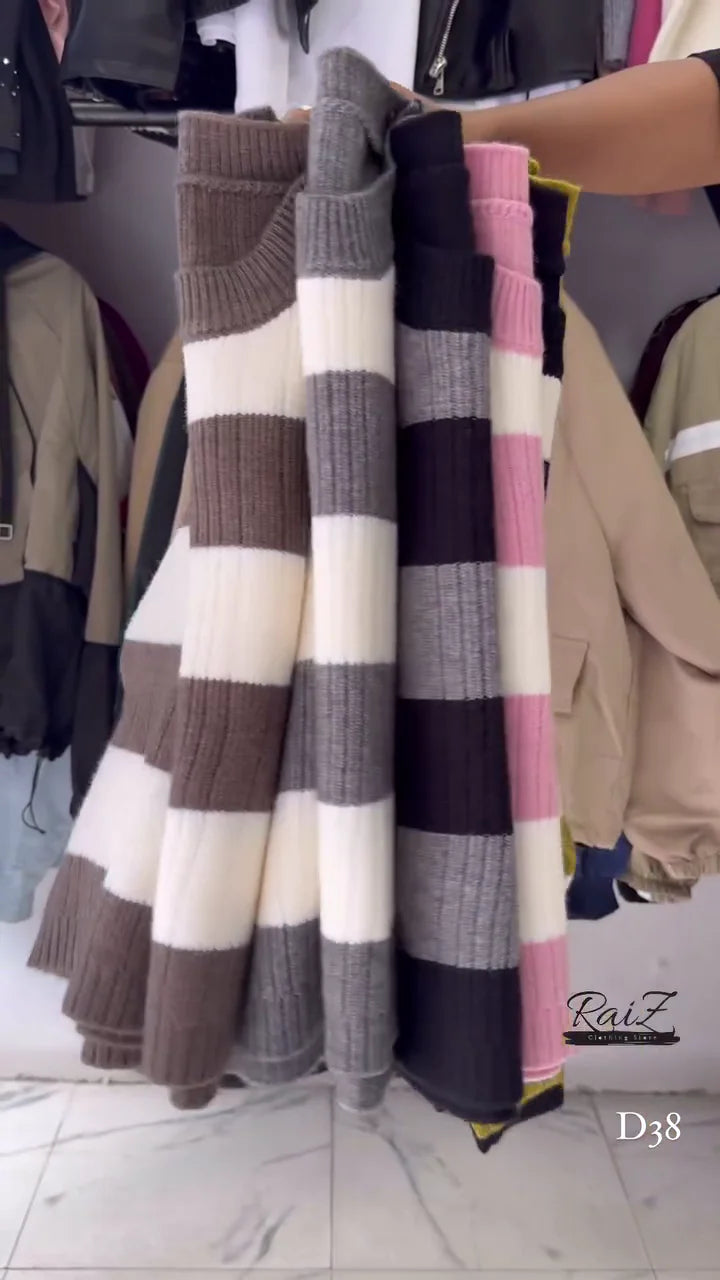 Ribbed Stripe Knit Sweaters 🧶 Horizontal Pattern – Black, Brown, Gray & Pink Variants