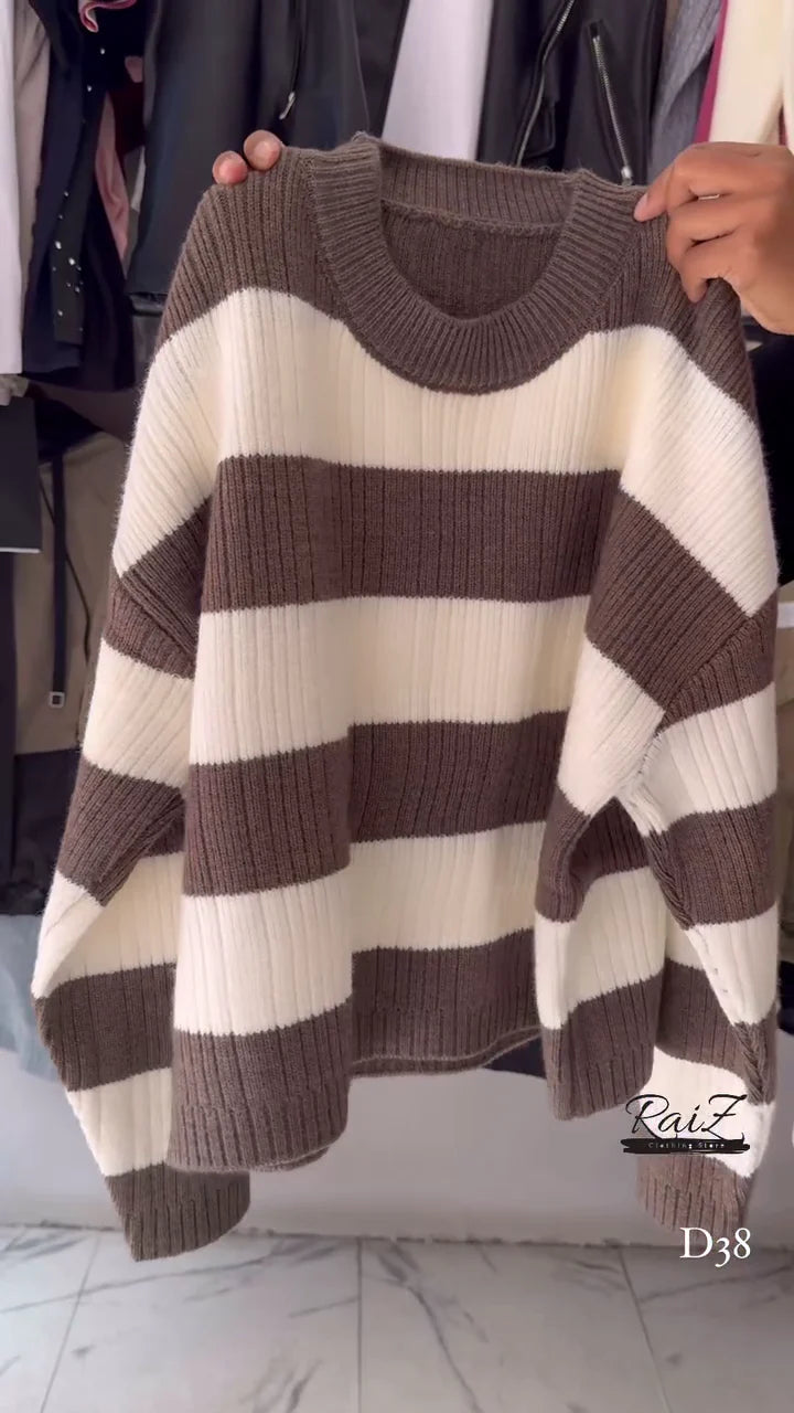 Ribbed Stripe Knit Sweaters 🧶 Horizontal Pattern – Black, Brown, Gray & Pink Variants