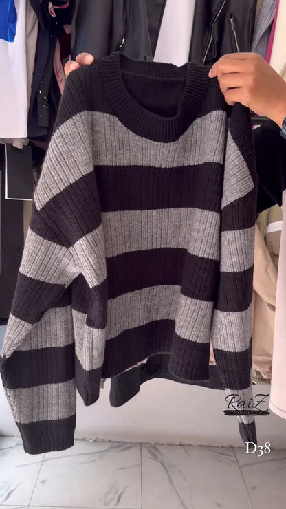 Ribbed Stripe Knit Sweaters 🧶 Horizontal Pattern – Black, Brown, Gray & Pink Variants