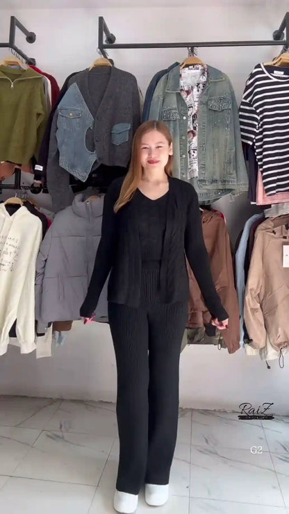 Textured Knit Co-ord Sets With Cardigans & V-Neck Sweaters – Black, Blue & Grey Variants