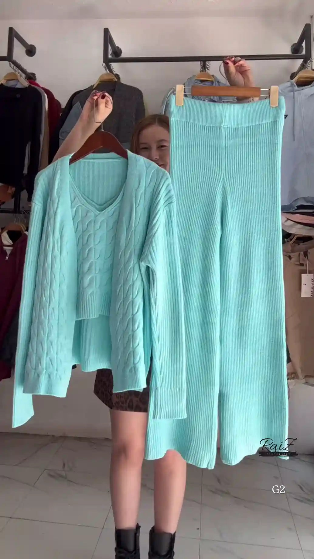 Textured Knit Co-ord Sets With Cardigans & V-Neck Sweaters – Black, Blue & Grey Variants