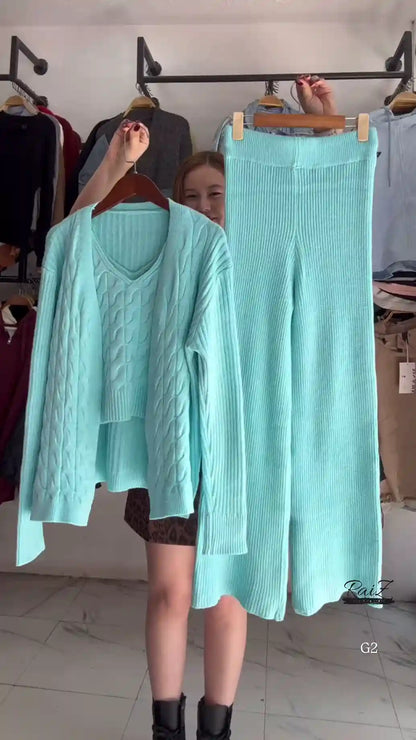 Textured Knit Co-ord Sets With Cardigans & V-Neck Sweaters – Black, Blue & Grey Variants