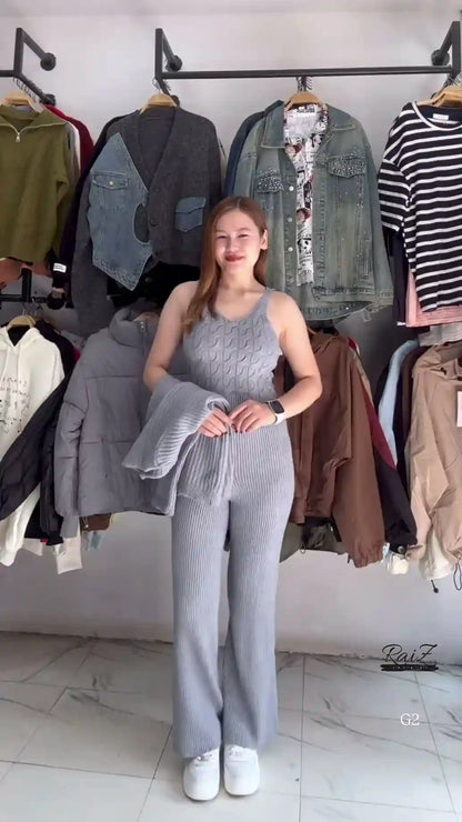 Textured Knit Co-ord Sets With Cardigans & V-Neck Sweaters – Black, Blue & Grey Variants