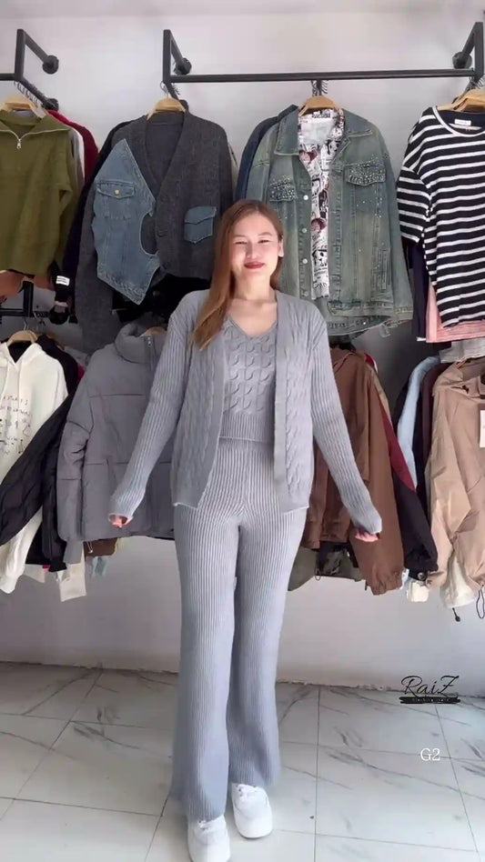 Textured Knit Co-ord Sets With Cardigans & V-Neck Sweaters – Black, Blue & Grey Variants