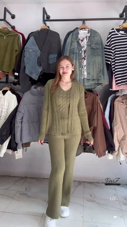 Textured Knit Co-ord Sets With Cardigans & V-Neck Sweaters – Black, Blue & Grey Variants