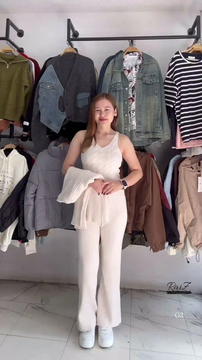 Textured Knit Co-ord Sets With Cardigans & V-Neck Sweaters – Black, Blue & Grey Variants