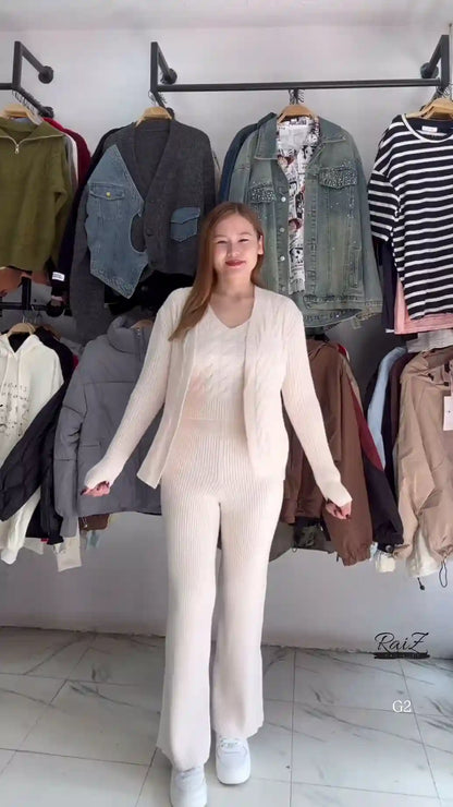 Textured Knit Co-ord Sets With Cardigans & V-Neck Sweaters – Black, Blue & Grey Variants